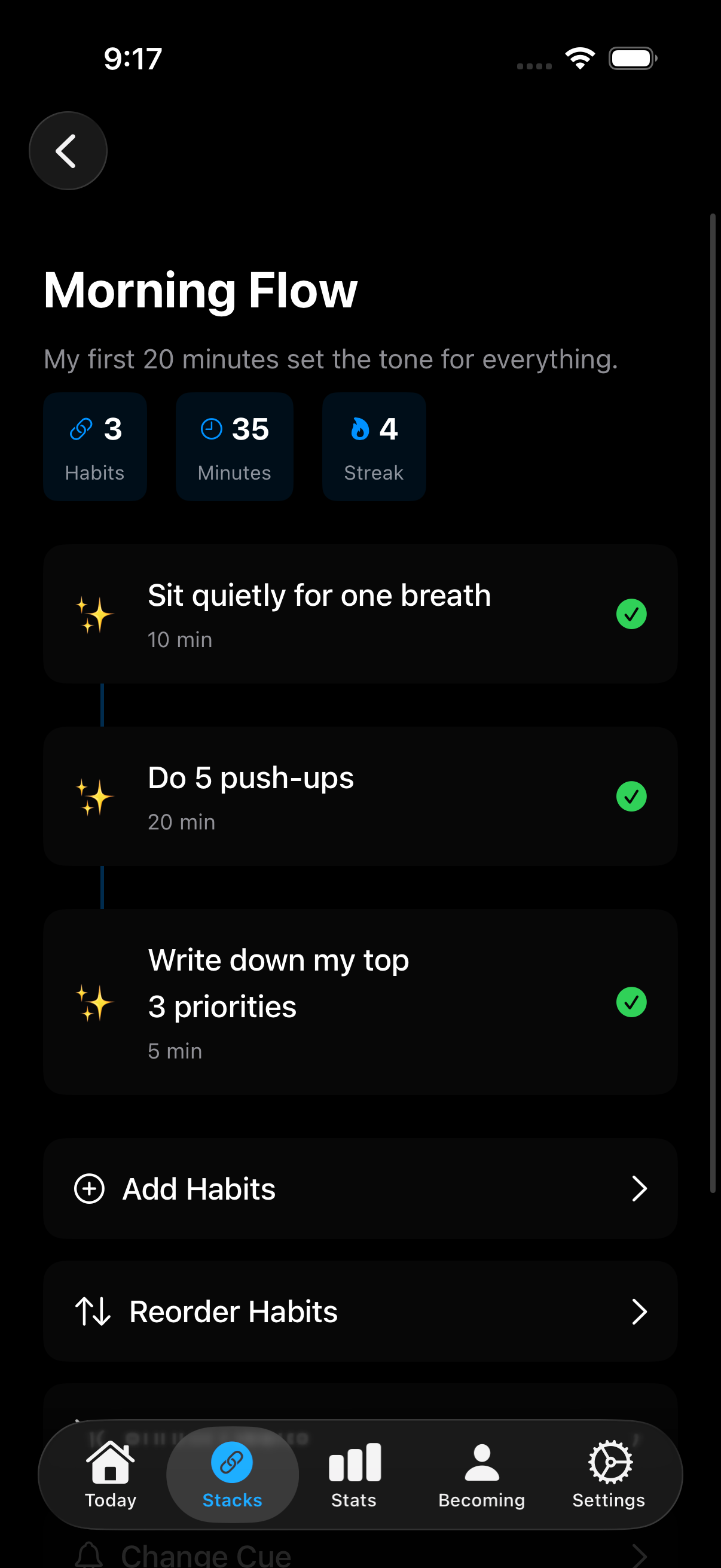 Morning routine habit stack – Become app morning flow completed